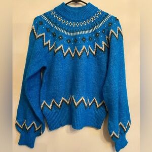 Fair Isle Blue and White Patterned Knit Sweater- Who What Wear- Size Small